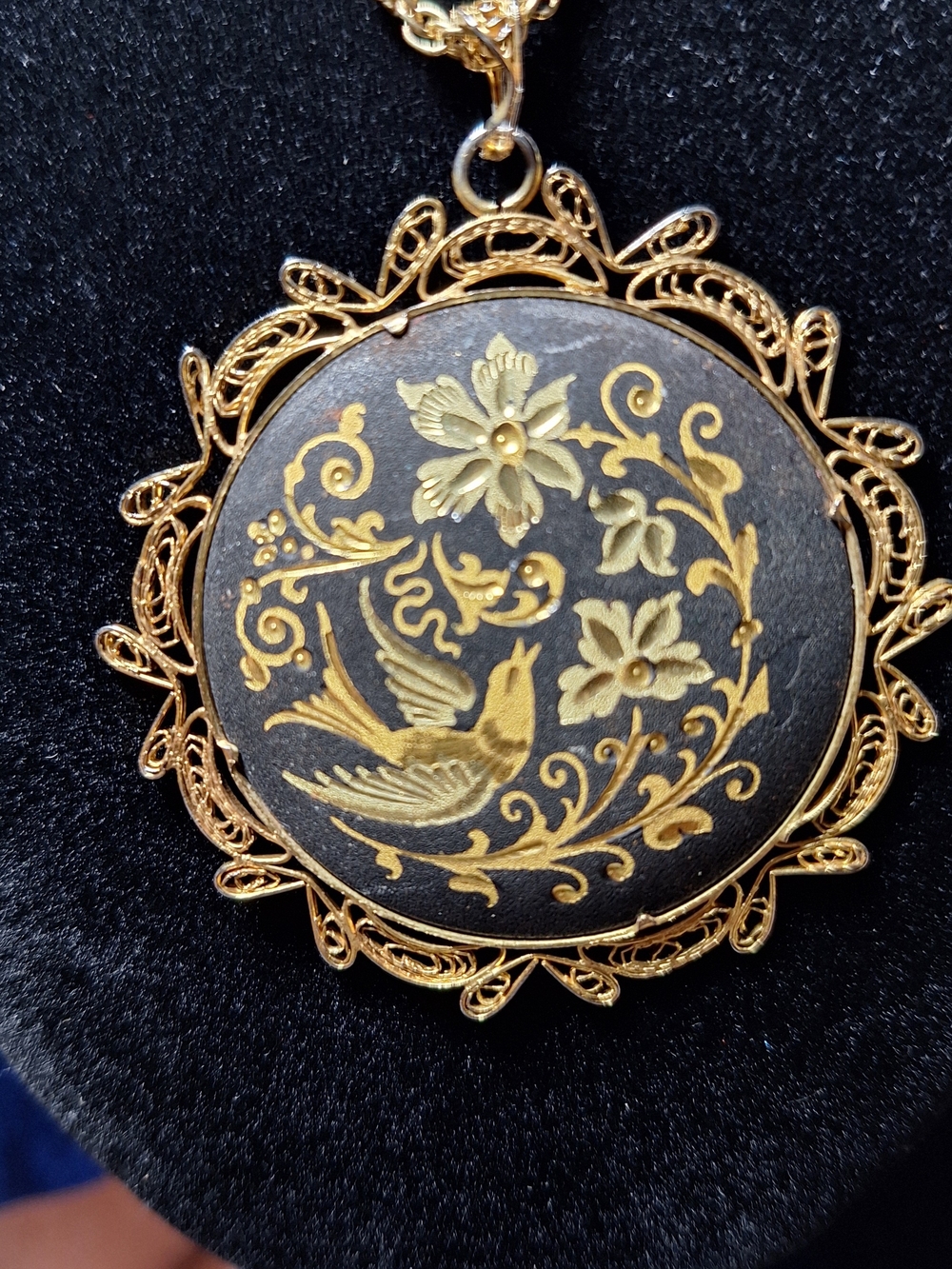 Vintage Damascene Bird Pendant Necklace